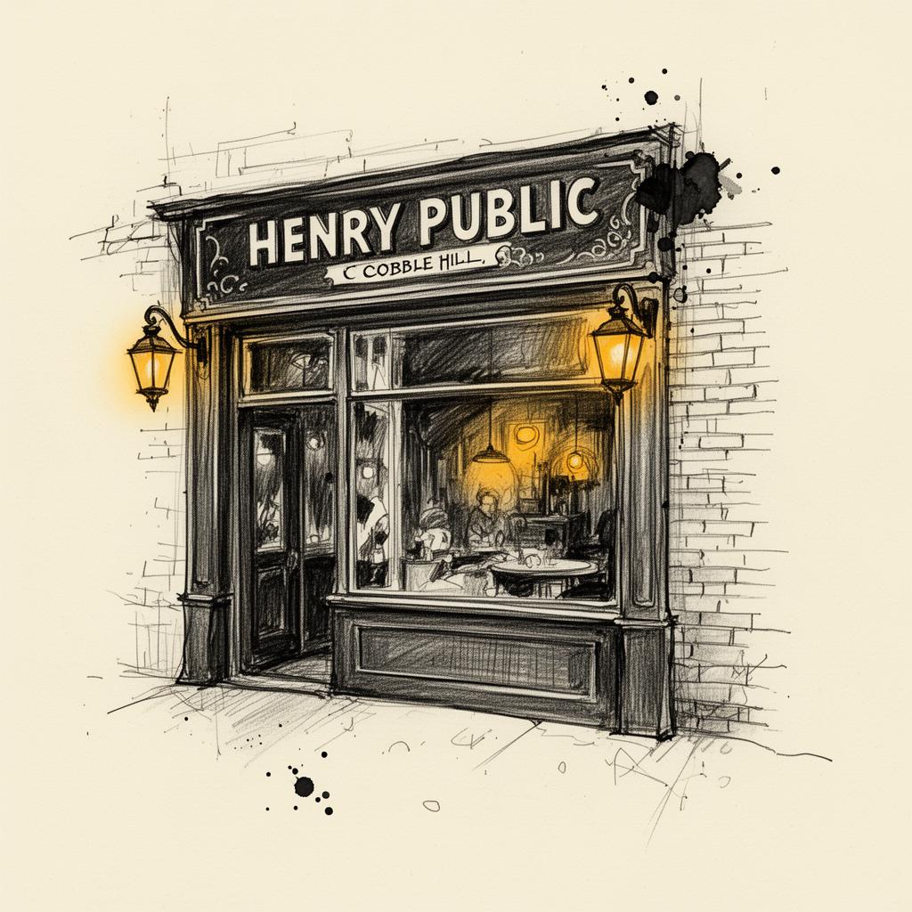 Hand-drawn ink sketch of Henry Public, a tavern in Cobble Hill, Brooklyn